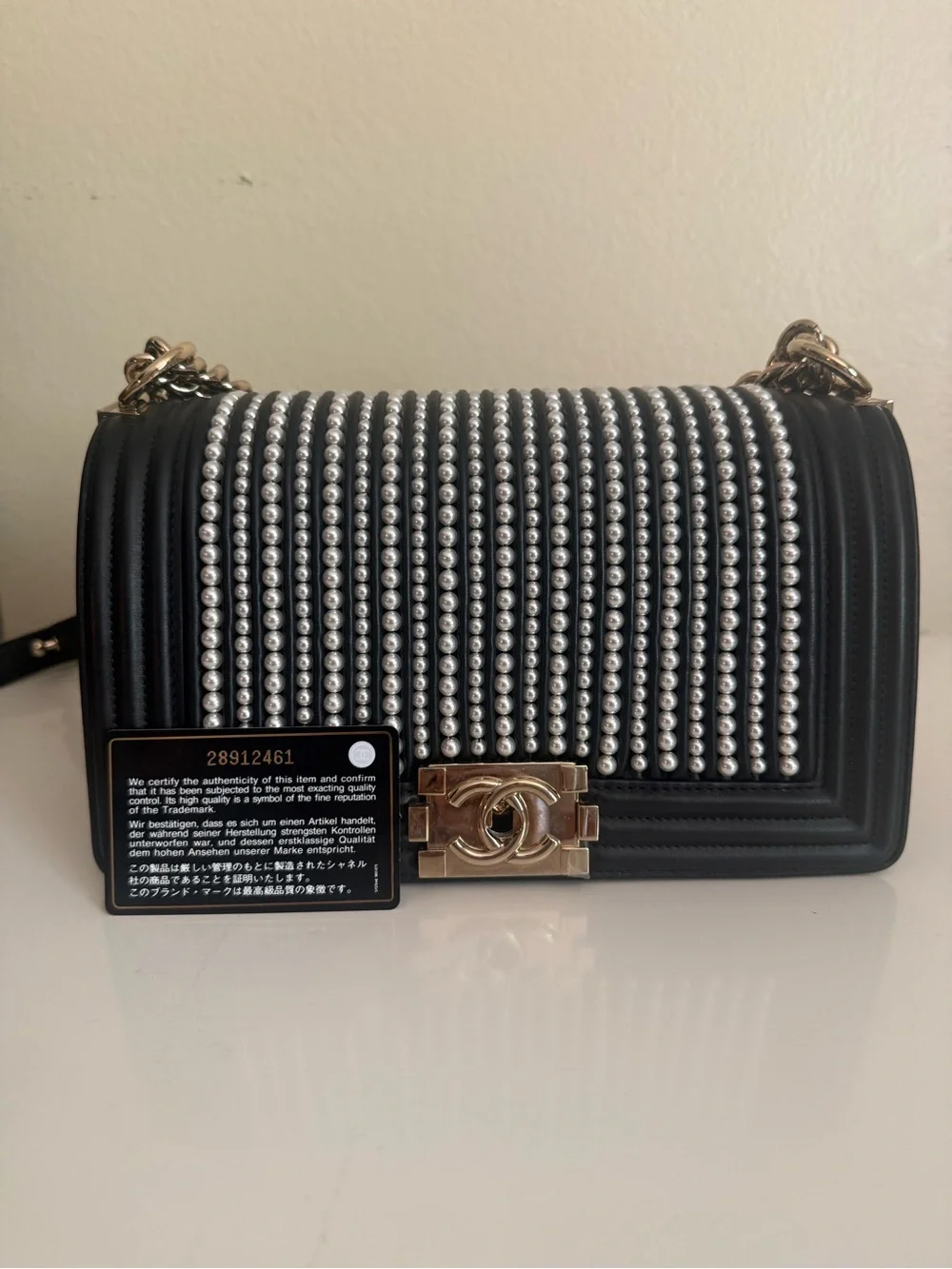 CHANEL Black Leather Boy Bag with Pearl Studs and Gold Chain